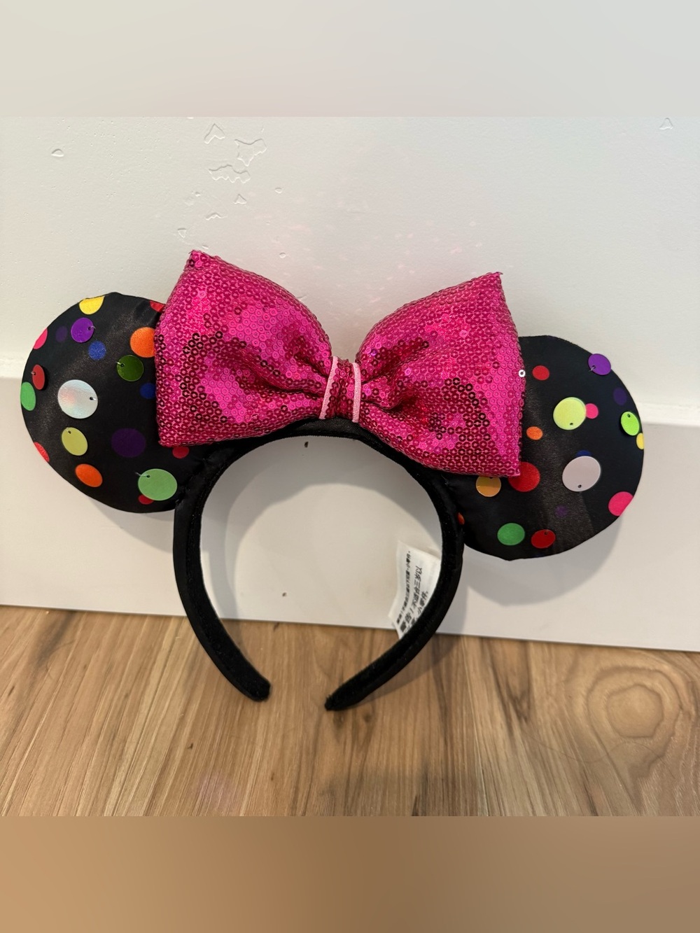 Disney Parks Black Minnie Ears Colorful Polka Dots Pink Sequin Bow Satin Colorfu